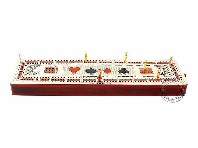 Cribbage Board 3 player inlaid walnut with cards