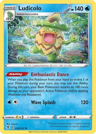 Ludicolo 034  - Reverse Holofoil SWSH07 Evolving Skies - Holo Rare