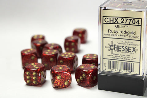 Chessex Glitter: 16MM D6 Ruby Red/Gold (12)