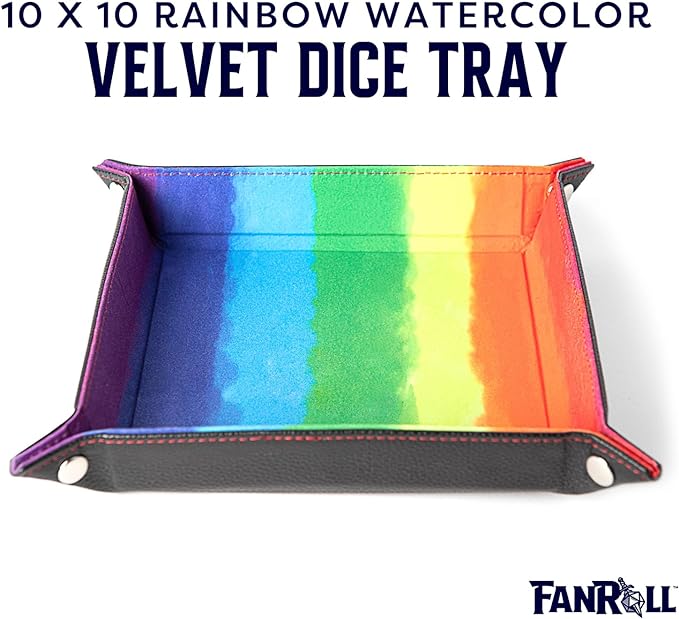FanRoll: Velvet Folding Dice Tray with Leather Backing 10x10: Watercolor Rainbow