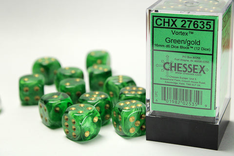 Chessex Gemini: 16MM D6 Green/Gold (12)