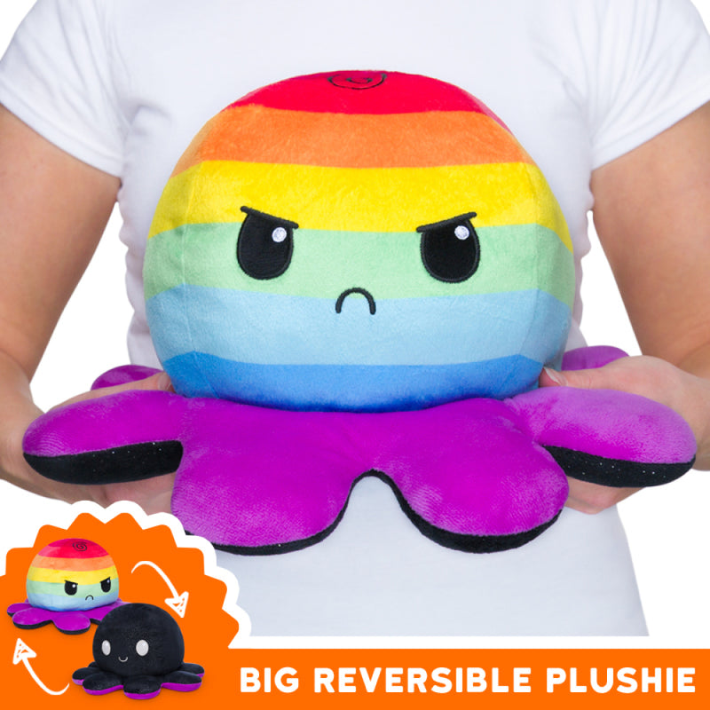 Reversible BIG Octopus Plushie: Happy Black Sparkle/Angry Rainbow Stripes