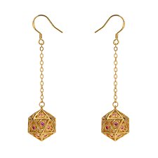 Hymgho: Dragons Eye D20 Earrings, Gold w/ Ruby Red