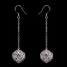 Hymgho: Dragons Eye D20 Earrings, Silver w/ Pink