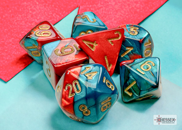 Chessex Mini Dice: Gemini - Red/Teal/gold 7 Dice Set