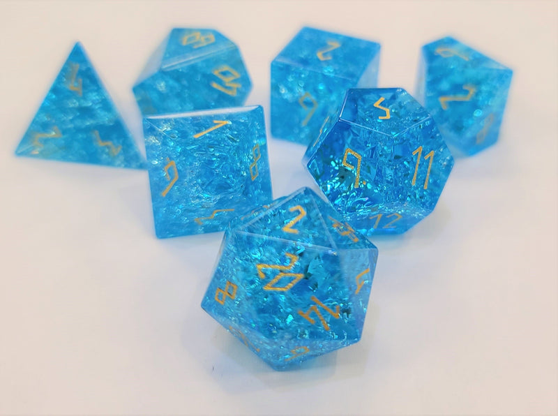 Norse Foundry 7 Die Glass RPG Dice Set: Shattered Blue Zircon Glass