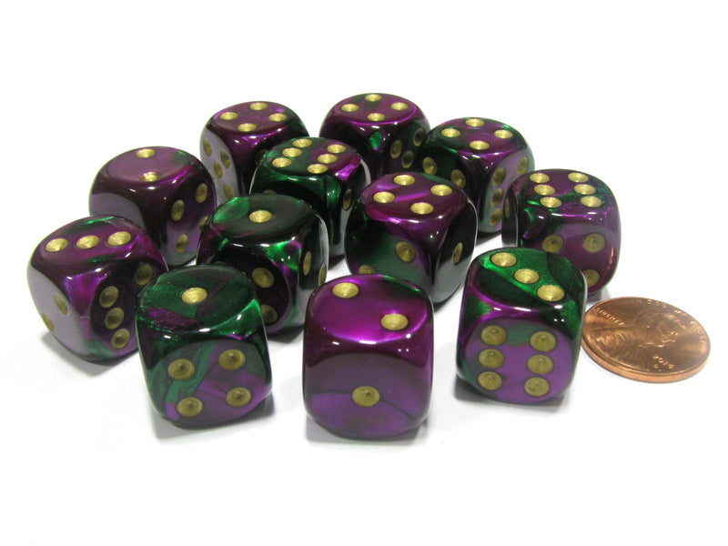 Chessex Gemini: 16MM D6 Green-Purple/Gold (12)