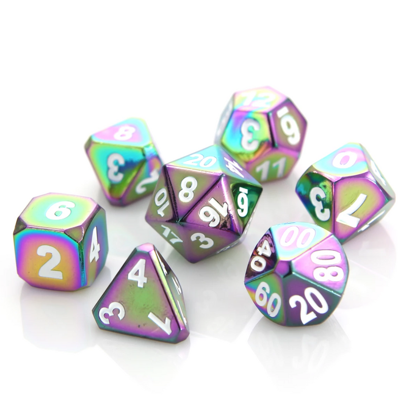Die Hard Dice 7 Die Metal Dice Set: Forge Scorched Rainbow with White