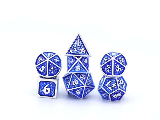Hymgho Metal Behemoth Dice -Matt Silver w/Blue Polyhedral Set (7)