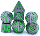 Hymgho Solid Metal Leyline Dice - Gunmetal with Green Chrome Inlay Polyhedral Set (7)