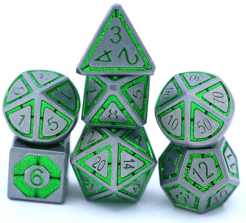 Hymgho Solid Metal Leyline Dice - Gunmetal with Green Chrome Inlay Polyhedral Set (7)