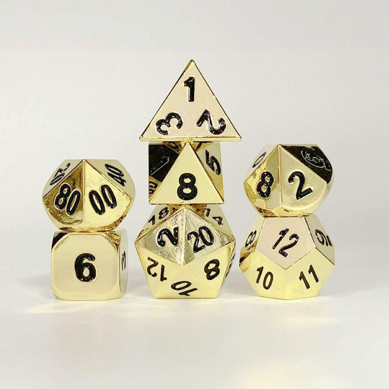 Hymgho Solid Metal Dice - Shiny Gold/Black Polyhedral Set (7)
