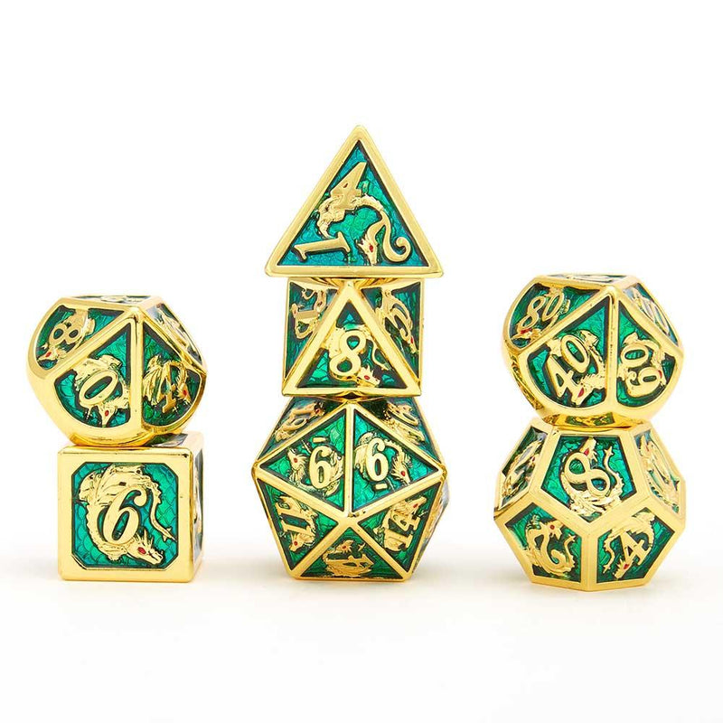 Hymgho Solid Metal Dragon Dice - Gold Aqua Polyhedral Set (7)