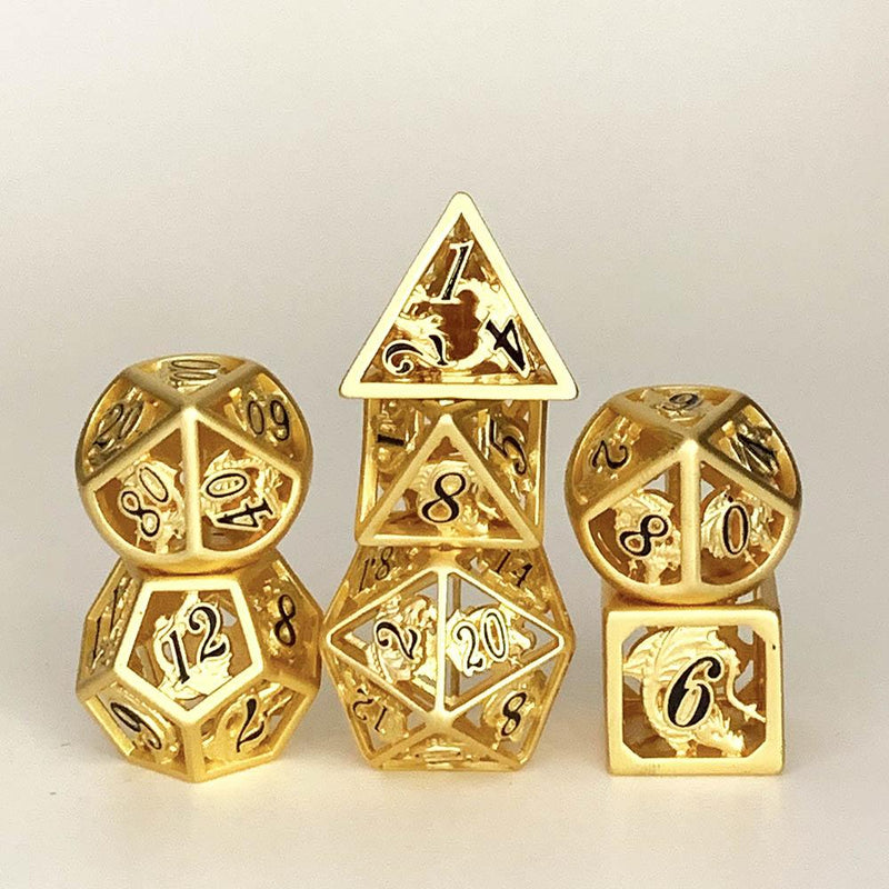 Hymgho Hollow Metal Dice - Matte Gold and Black Polyhedral Set (7)