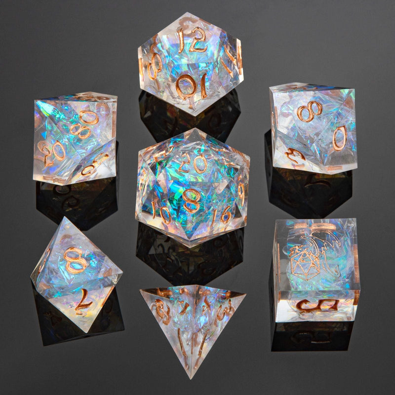 Hymgho Handmade Resin Dice - Opal Captured Magic Hand Sanded Sharp Edge Polyhedral Set (7)