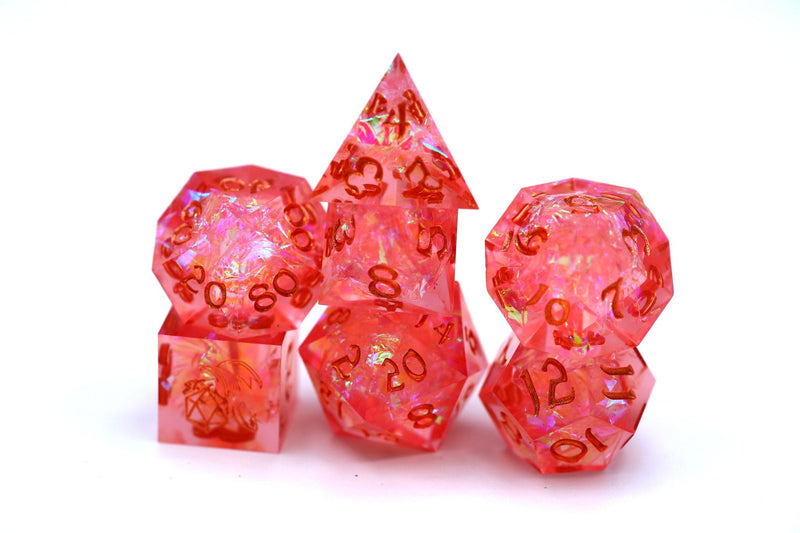 Hymgho Handmade Resin Dice - Pink Captured Magic Hand Sanded Sharp Edge Polyhedral Set (7)