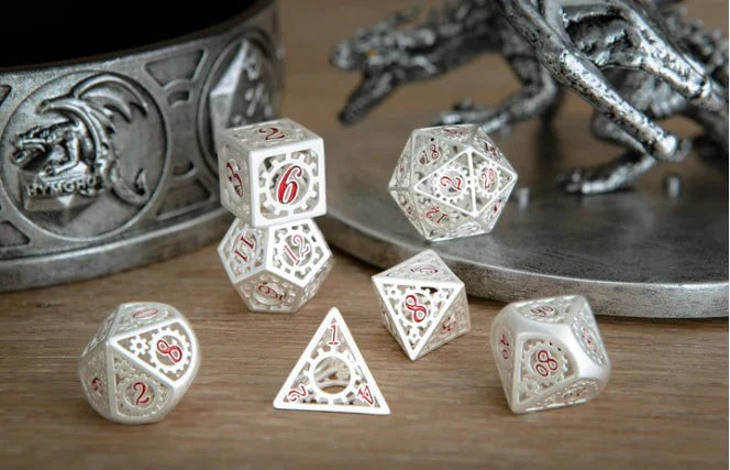 Hymgho Matte Silver with Red Enamel Hollow Metal Gears of Providence Polyhedral Dice Set