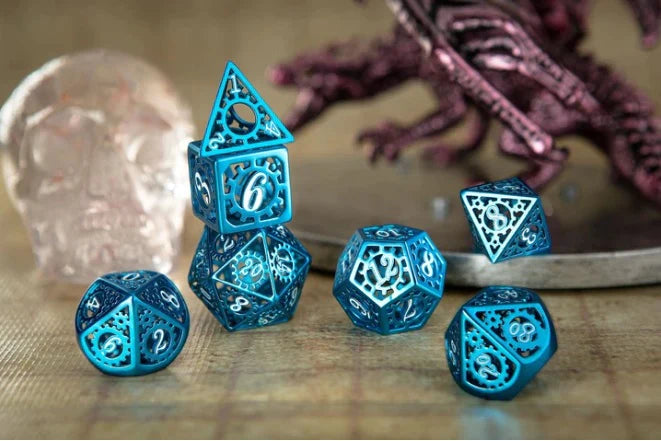 Hymgho Hollow Metal Dice - Blue with White Enamel Hollow Metal Gears of Providence Polyhedral Dice Set