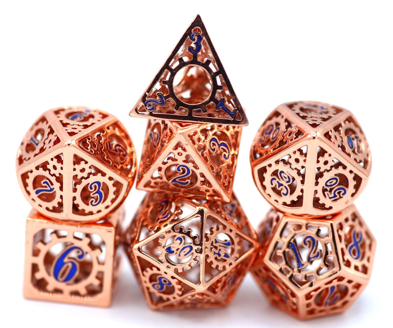 Hymgho Hollow Metal Gear Dice - Copper with Blue Polyhedral Dice (7)