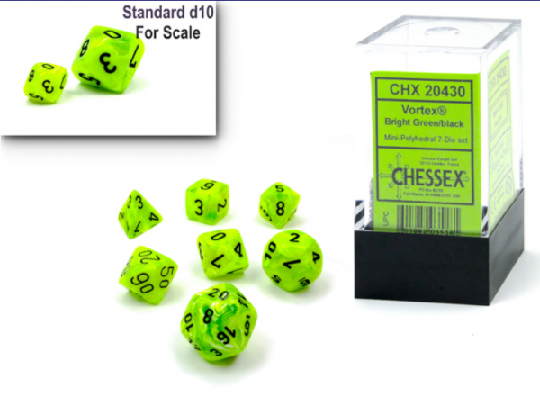 Chessex Mini Dice: Vortex - Bright Green/Black 7 Dice Set