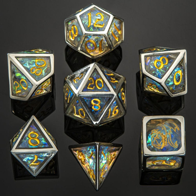 Hymgho Caged Resin Opal Dice - Stainless Steel Frame Polyhedral Set (7)