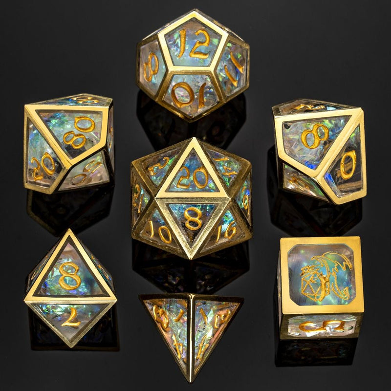 Hymgho Caged Resin Opal Dice - Brass Frame Polyhedral Set (7)