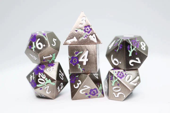 Foam Brain Games RPG Metal Dice Set - Silver with Purple Orchids
