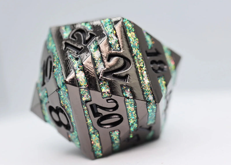 Foam Brain Games: 35MM Metal D20: Black with Green Mica