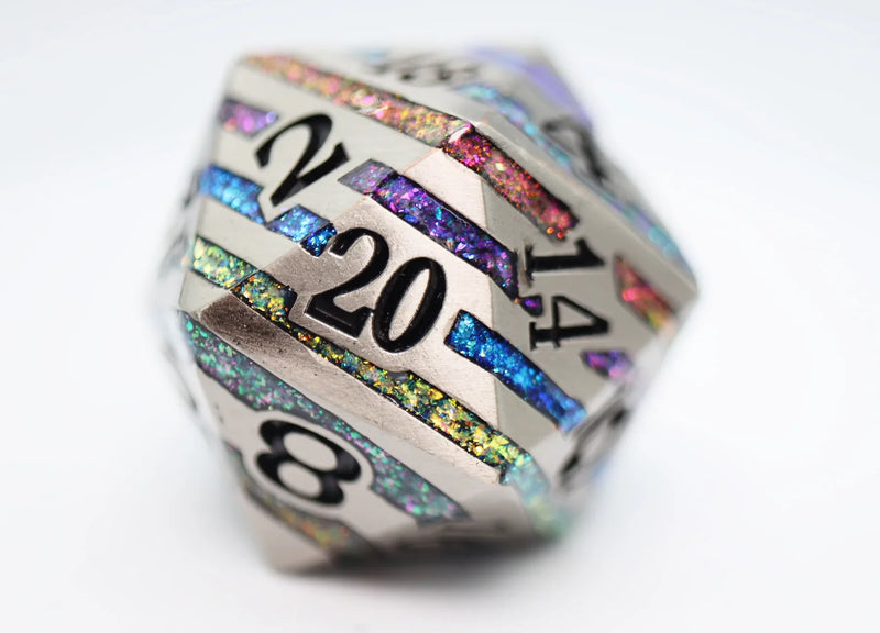 Foam Brain Games 35MM Metal D20 - Silver with Rainbow Mica