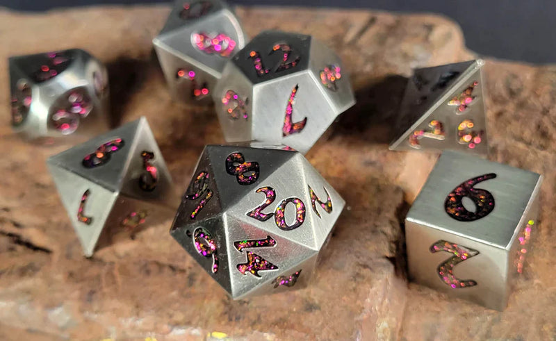 Forged Gaming Forged Lore Antique Silver with Red Mica  7 Piece Metal Dice Set