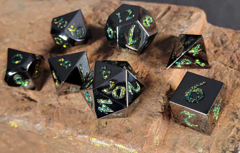 Forged Gaming Forged Lore Polished Gunmetal with Green Mica  7 Piece Metal Dice Set