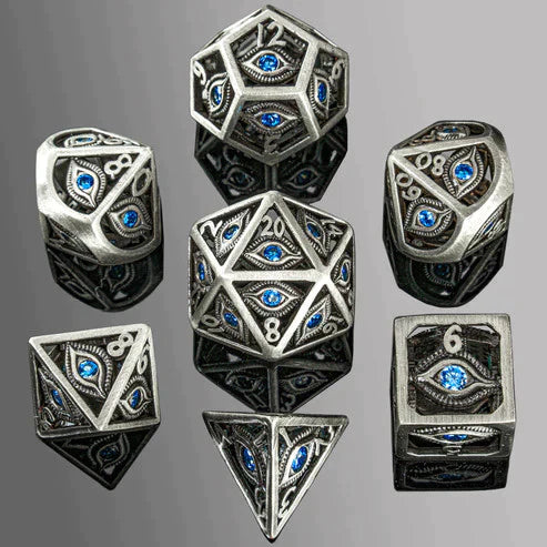 Hymgho Dragon's Eye Hollow Metal Dice Set - Aqua Blue Gems