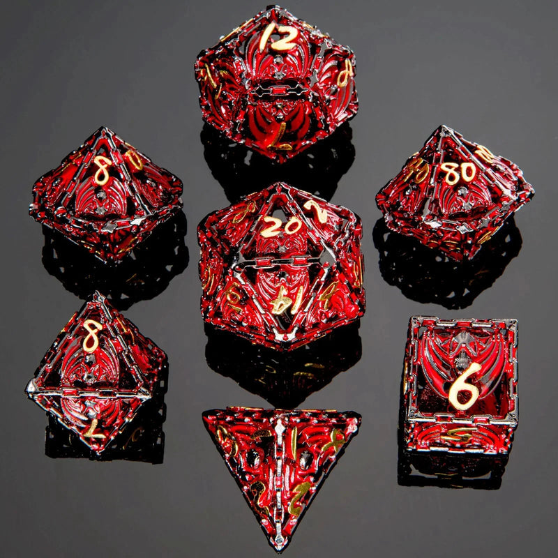 Hymgho Hollow Metal Bat Polyhedral Dice Set - Gun Metal and Red