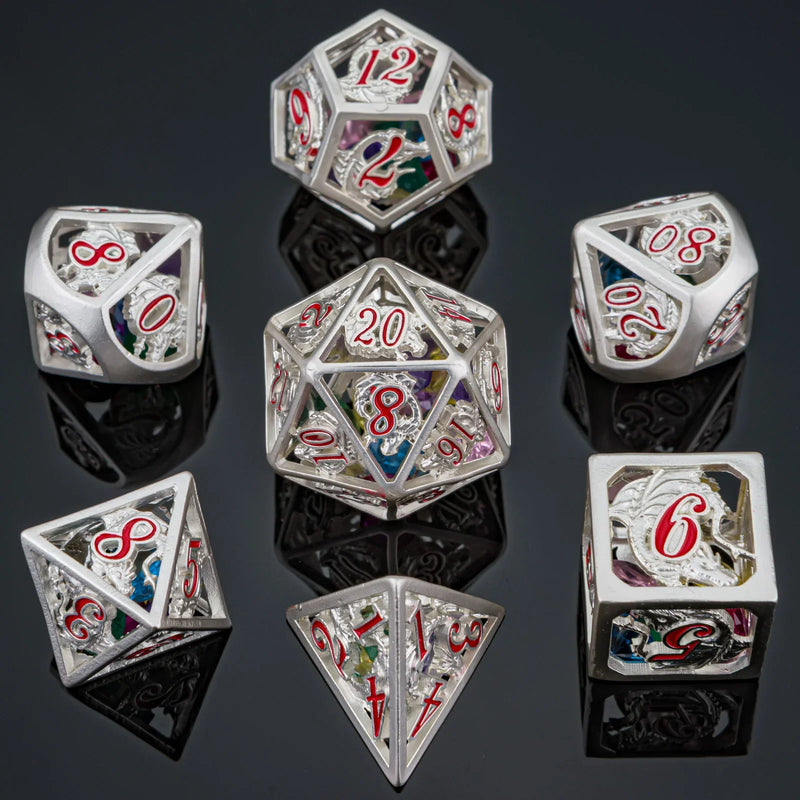 Hymgho Hollow Dragon Polyhedral Dice Set Filled With Gems - Silver