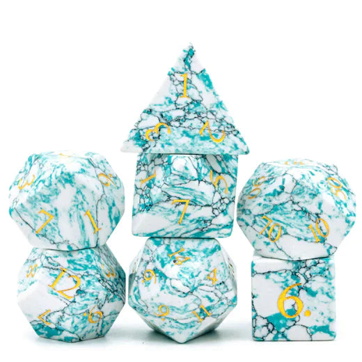 Foam Brain Games RPG Gemstone Dice Set - Marbled Turquoise Engraved with Gold