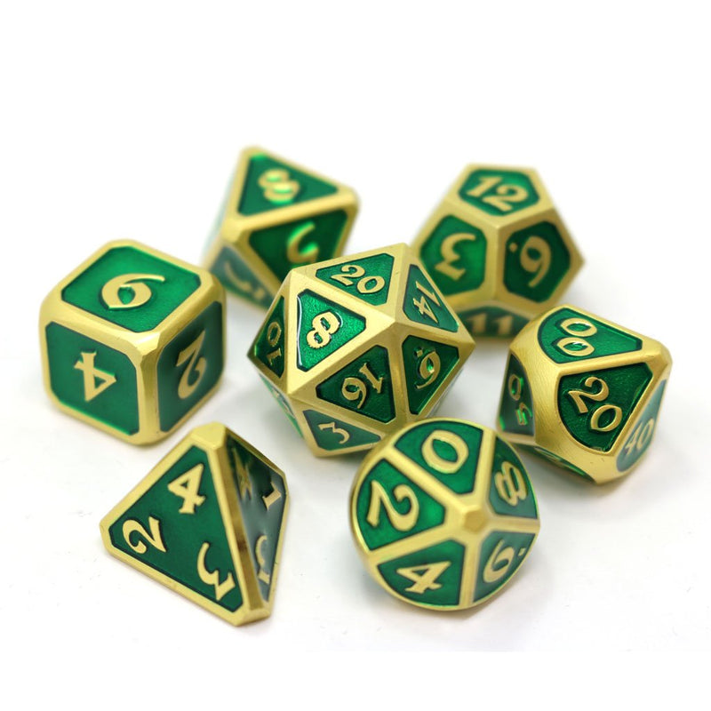 Die Hard Dice 7 Die Metal Dice Set: Mythica Satin Gold Emerald