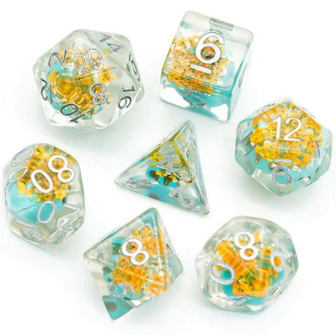 Foam Brain Games RPG Dice Set: Yellow Flower with Blue Skull