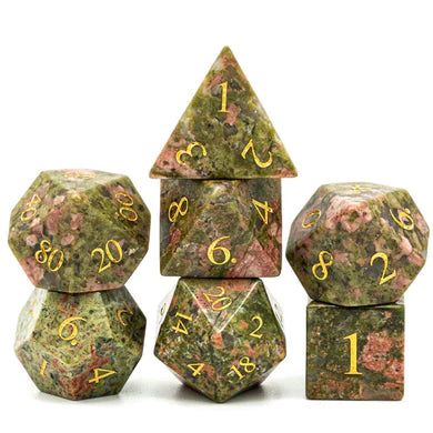 Foam Brain Games RPG Gemstone Dice Set - Unakite Engraved with Gold
