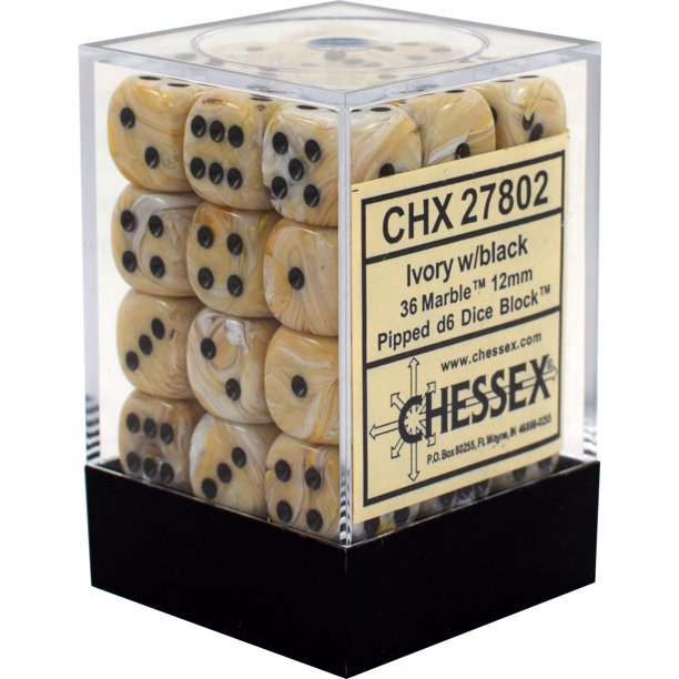 Chessex Marble: 12MM D6  Ivory/Black (36)