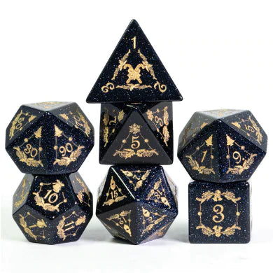 Foam Brain Games Embellished Blue Sandstone Gemstone Engraved with Gold Dice Set