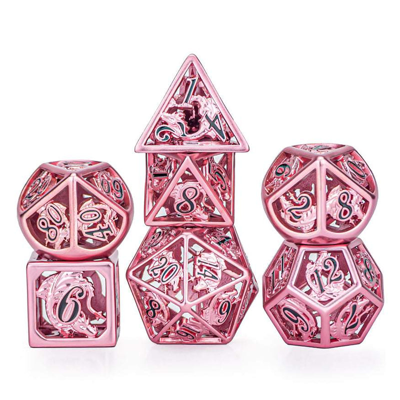 Hymgho Hollow Metal Dragon Dice - Rose Gold with Black Polyhedral Dice (7)