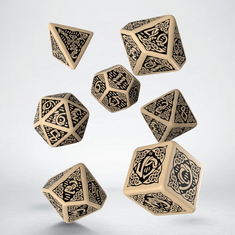 Q Workshop Dice Set - Celtic 3D Revised Beige and Black 7 Dice Set