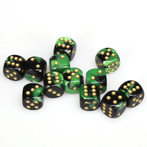 Chessex Gemini: 16MM D6 Black-Green/Gold (12)