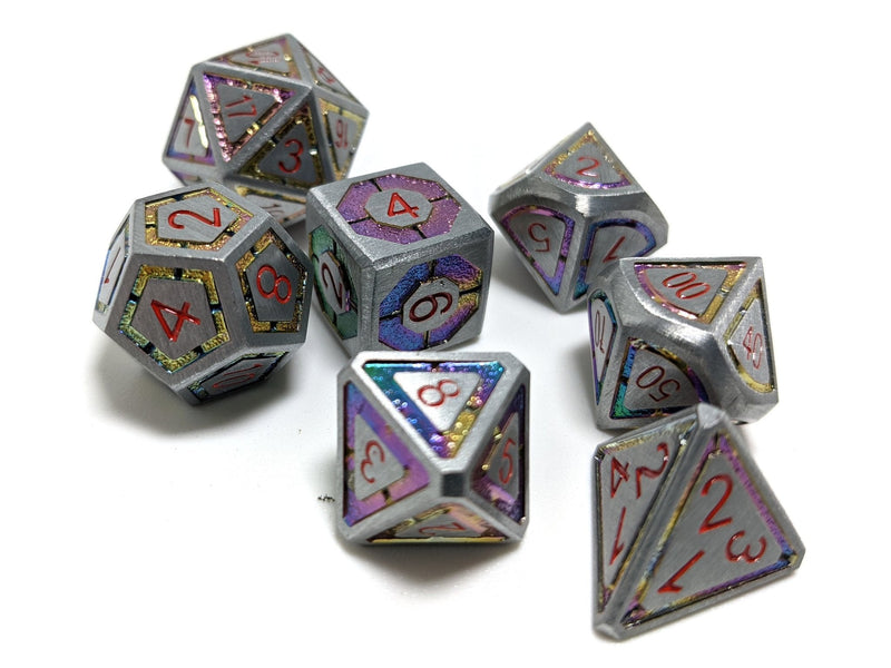 Hymgho Solid Metal Leyline Dice - Gunmetal with Rainbow Chrome Polyhedral Set (7)