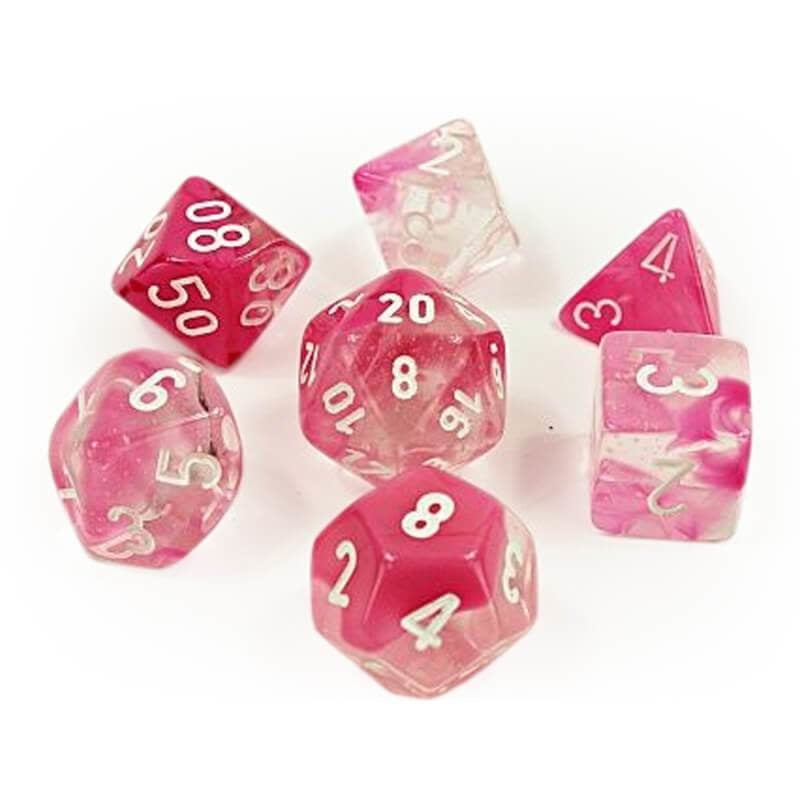 Chessex Lab Dice Nebula: Clear Pink/White Luminary 7 Dice Set