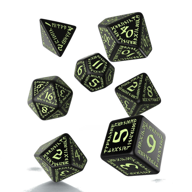 Q Workshop Dice Set - Runic Black Glow in the Dark 7 Dice Set